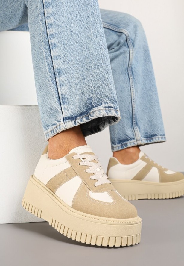 Ciemnobeżowe Sneakersy na Platformie Ozdobione Paskiem Vivesse