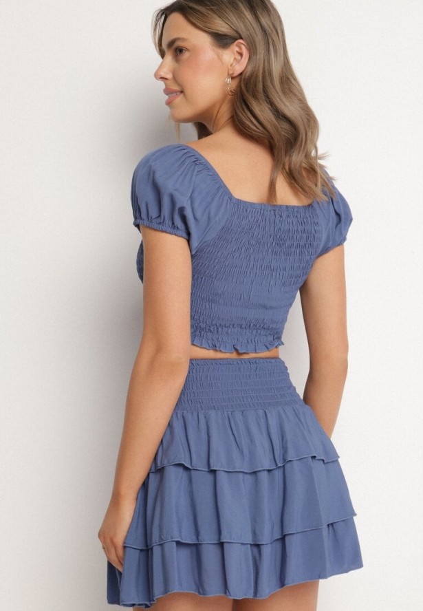 Granatowy Komplet Bawełniany Bluzka Hiszpanka i Spódnica z Falbankami Vexa