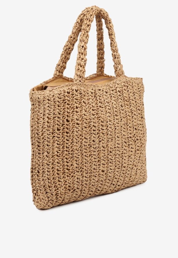 Ciemnobeżowa Pleciona Torebka Shopperka z Napisem Odaville