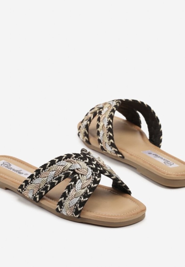 Czarne Klapki z Plecionką w Stylu Boho Felmirella