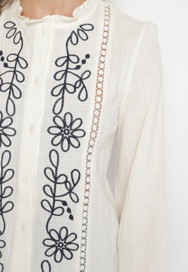 Beżowa Koszula z Bawełną i Wiskozą Ozdobiona Haftem Nalaviris