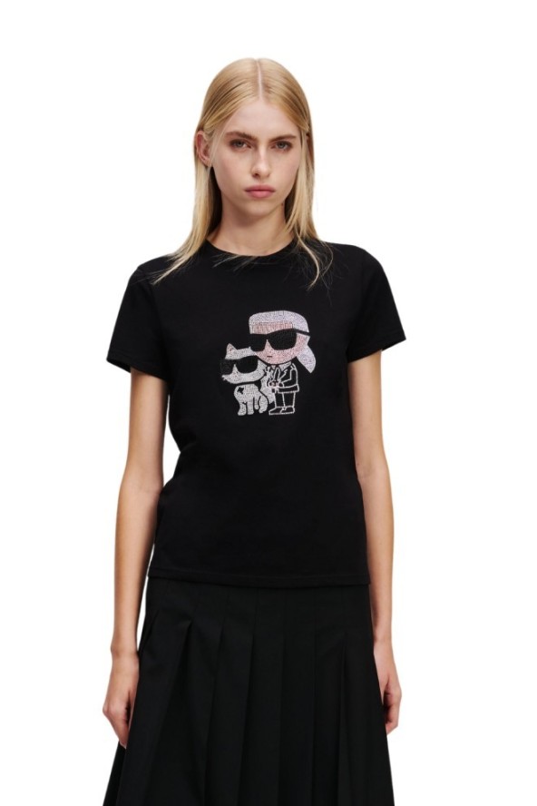 KARL LAGERFELD Сzarny damski t-shirt z cyrkoniami Ikon Duo, Rozmiar XL
