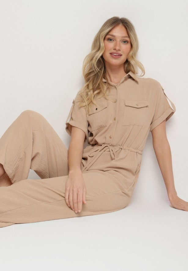 Beżowy Kombinezon o Koszulowym Kroju z Krótkim Rękawem i Wiązaniem w Talii Mareriela