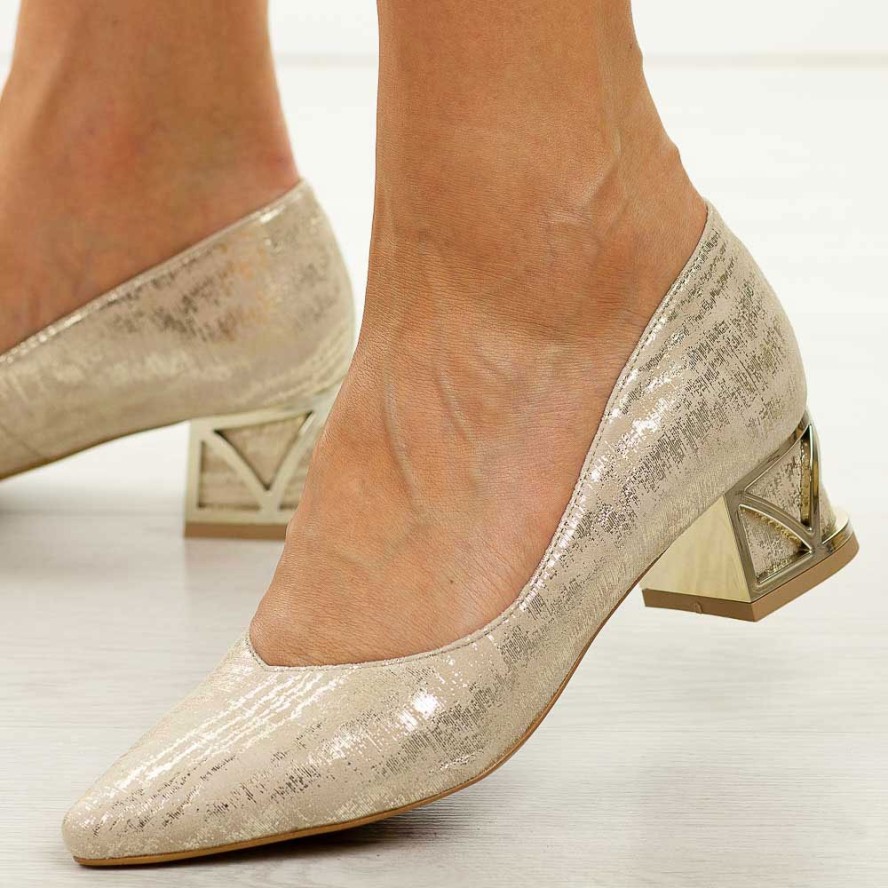 Złote s160 skórzane Polskie czółenka damskie na obcasie Prestige 2230
