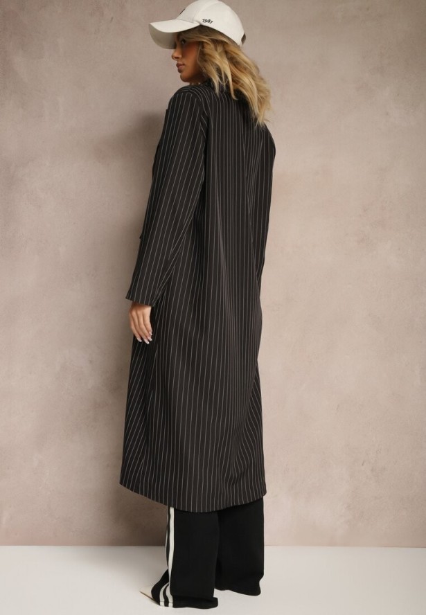 Czarny Płaszcz o Dwurzędowym Kroju w Stylu Marynarki w Paski Lanaritia