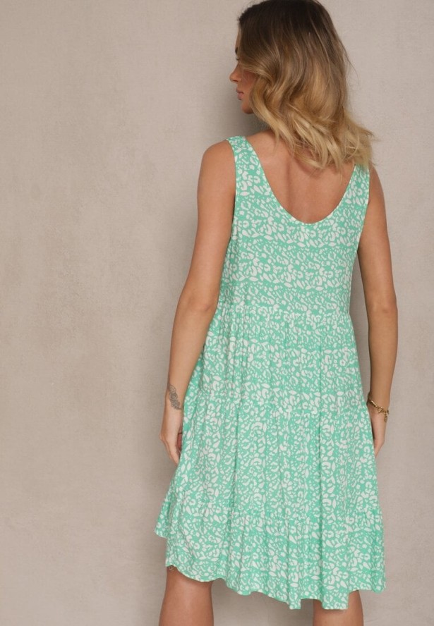 Zielona Rozkloszowana Sukienka z Bawełny z Abstrakcyjnym Wzorem Dorlio