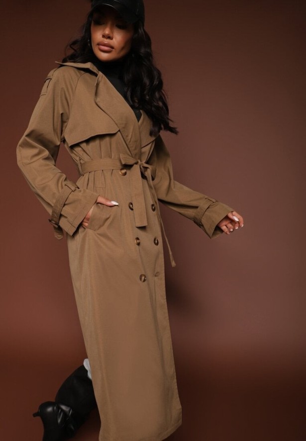 Brązowo-Zielony Płaszcz o Wydłużonym Fasonie Trencza z Guzikami i Paskiem Dennime