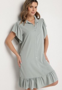 Jasnozielona Sukienka Koszulowa z Guzikami i Falbankami Tenalena