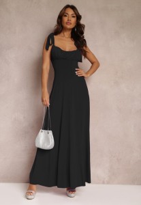 Czarna Długa Sukienka z Marszczonym Dekoltem i Wiązanymi Ramiączkami Rozvita