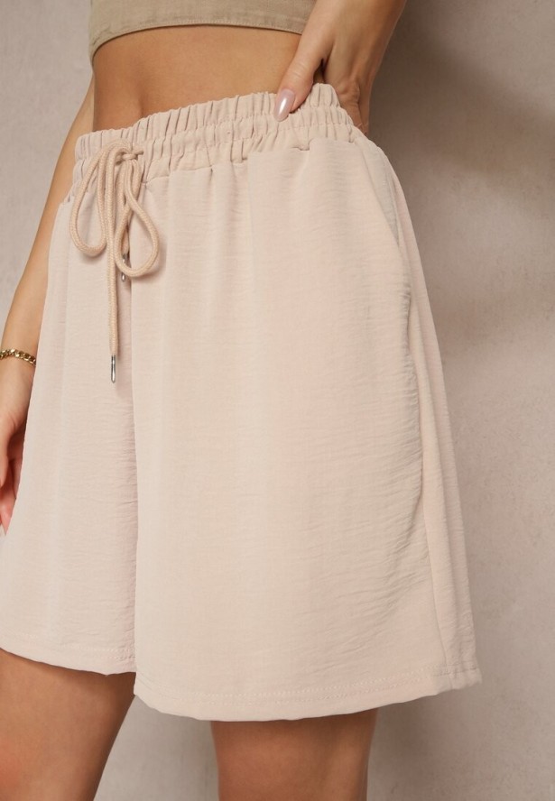Beżowe Szorty z Wiskozą High Waist Puvione
