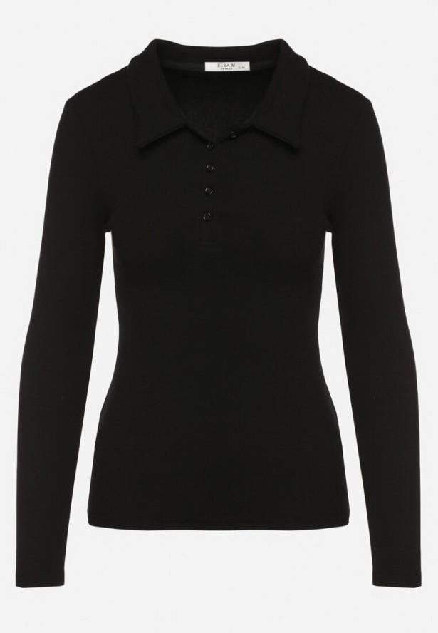 Czarna Bawełniana Bluzka Prążkowana z Kołnierzykami i Guzikami Aneses