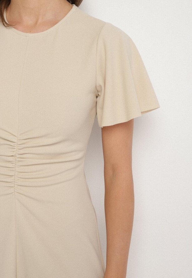 Beżowa Rozkloszowana Sukienka Ozdobiona Marszczeniem Odallica