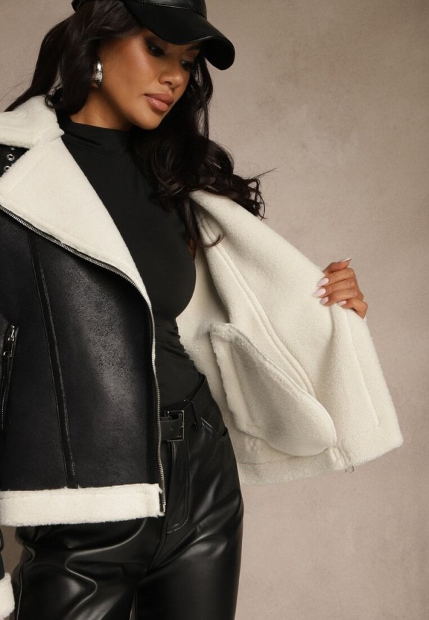 Czarna Kurtka Ramoneska w Stylu Biker z Kożuszkiem i Sprzączkami Mendrie