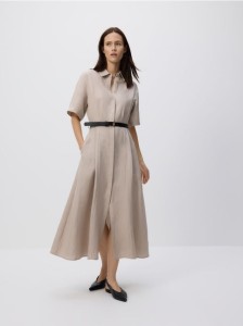 Sukienka midi z lnem - beżowy