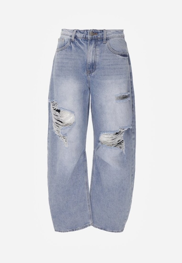 Niebieskie Bawełniane Jeansy Ballloon z Wiskozą High Waist Ozdobione Dziurami Lamma