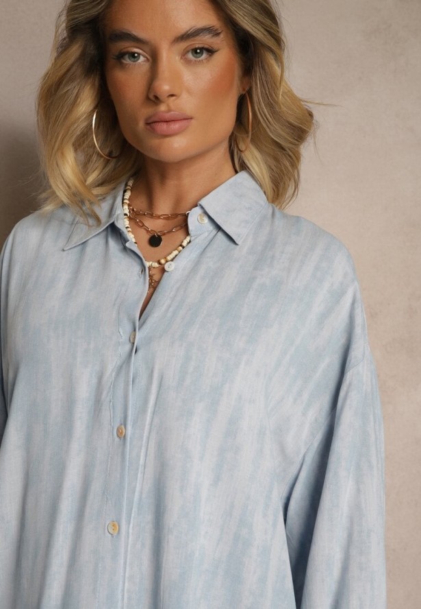 Niebieska Wiskozowa Koszula z Lnem Zdobiona Abstrakcyjnym Wzorem Redilia