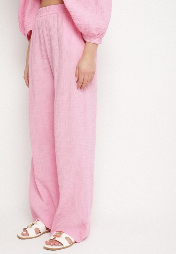 Różowy Muślinowy Komplet z Bawełny o Kroju Oversize Koszula i Szerokie Spodnie Ziselia