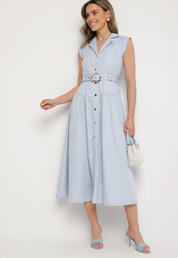 Niebieska Sukienka Koszulowa Ozdobiona Paskiem Devikka