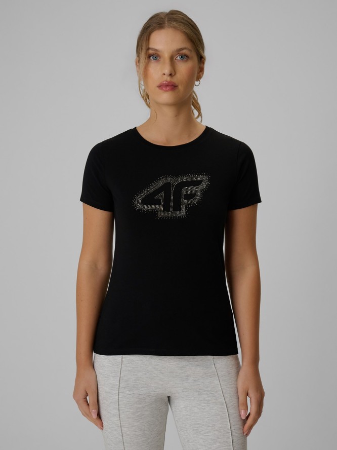 4F T-shirt slim z nadrukiem damski - czarny L