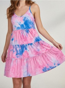 Sukienka mini na ramiączkach z falbanami - wielobarwny