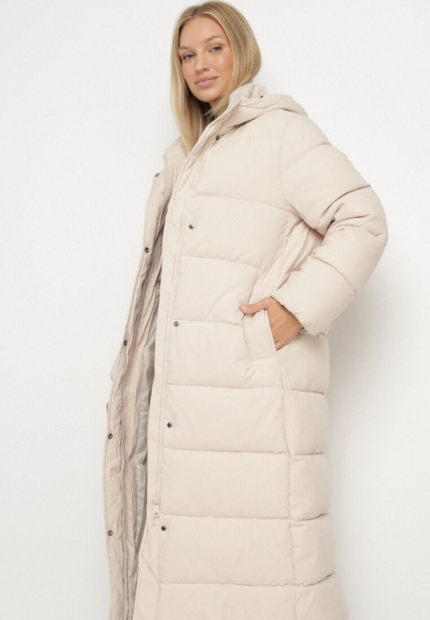 Jasnobeżowa Długa Pikowana Kurtka z Kapturem Afarriva