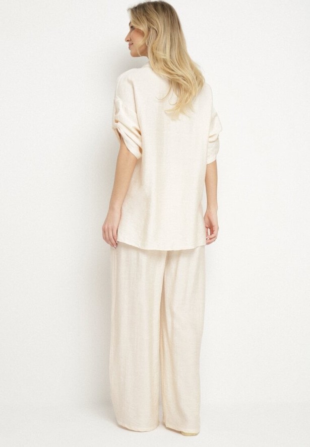 Jasnobeżowy Komplet z Wiskozy Koszula z Podpinanymi Rękawami i Szerokie Spodnie Dormoi