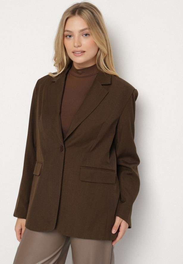 Brązowa Jednorzędowa Marynarka z Usztywnioną Linią Ramion Tiolinda