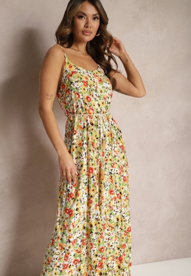 Zielono-Beżowy Kombinezon z Szerokimi Nogawkami w Kwiaty Wiązany na Ozdobny Sznurek Leliavia