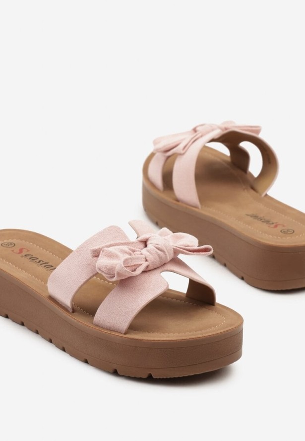 Różowe Klapki na Niskiej Platformie z Kokardką Ravirise