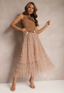 Ciemnobeżowa Tiulowa Spódnica Maxi z Gumką w Pasie i Falbankami Mahlia