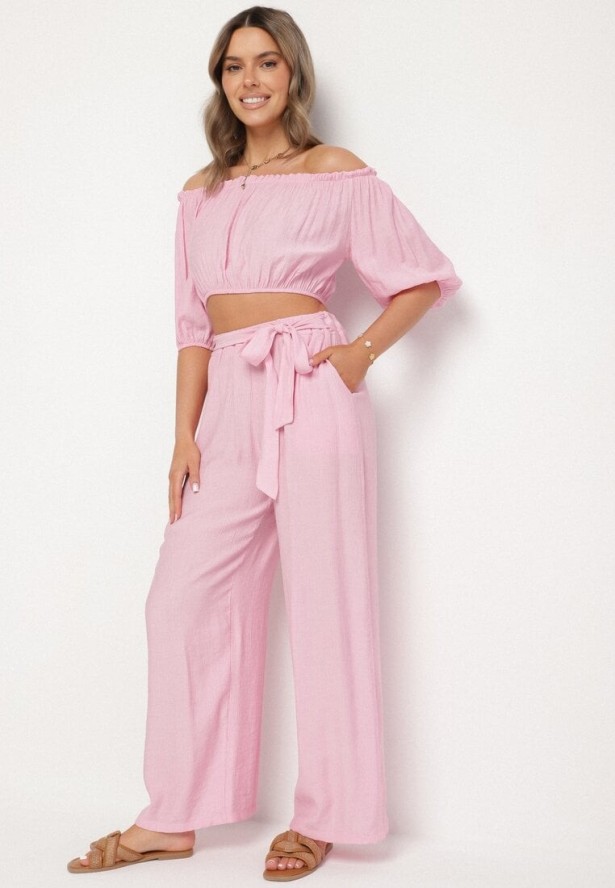 Ciemnoróżowy Komplet Szerokie Spodnie i Bluzka z Bufiastymi Rękawami Idasela