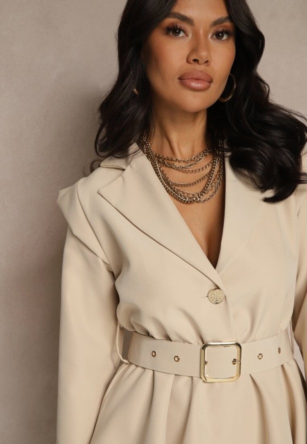 Beżowy Taliowany Kombinezon Imitujący Garnitur z Paskiem i Cyrkoniami Milazi