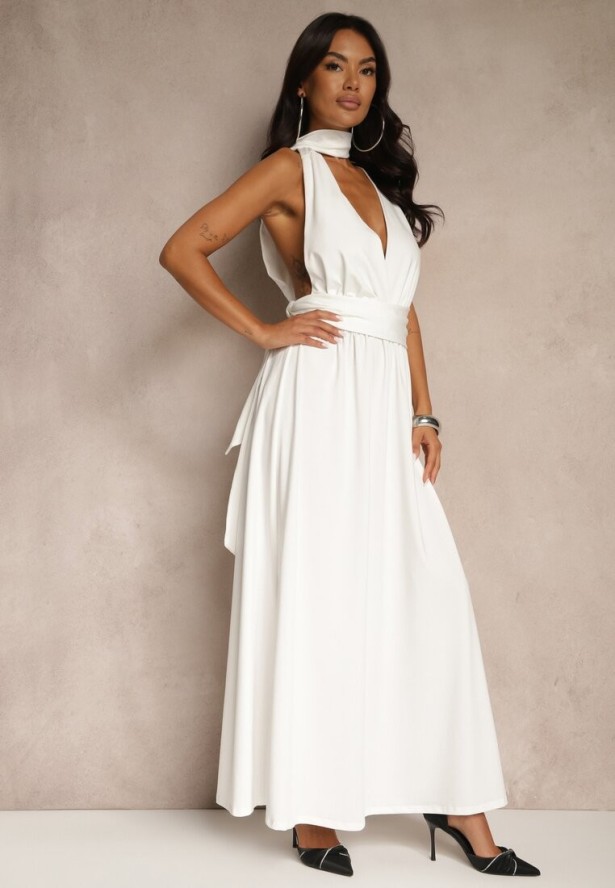Biała Sukienka Koktajlowa Multiway z Wiskozą Wiązana na Szyi Lilovea