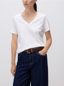 T-shirt regular z dekotem V - biały