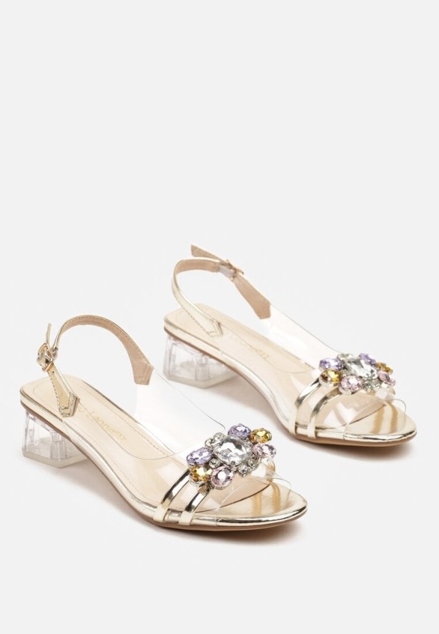 Złote Transparentne Sandały na Obcasie Ozdobione Cyrkoniami Senanira