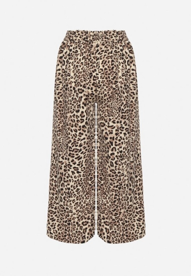 Beżowo-Czarne Spodnie o Szerokim Kroju z Gumką w Talii w Panterkę Filassena