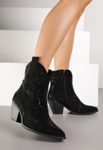 Czarne Kowbojki Botki Ozdobione Cyrkoniami na Stożkowym Słupku Tulmira