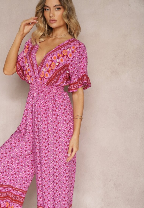 Fioletowy Kopertowy Kombinezon Bawełniany z Cienkimi Gumeczkami w Pasie Zapinany na Szyi Orithiama