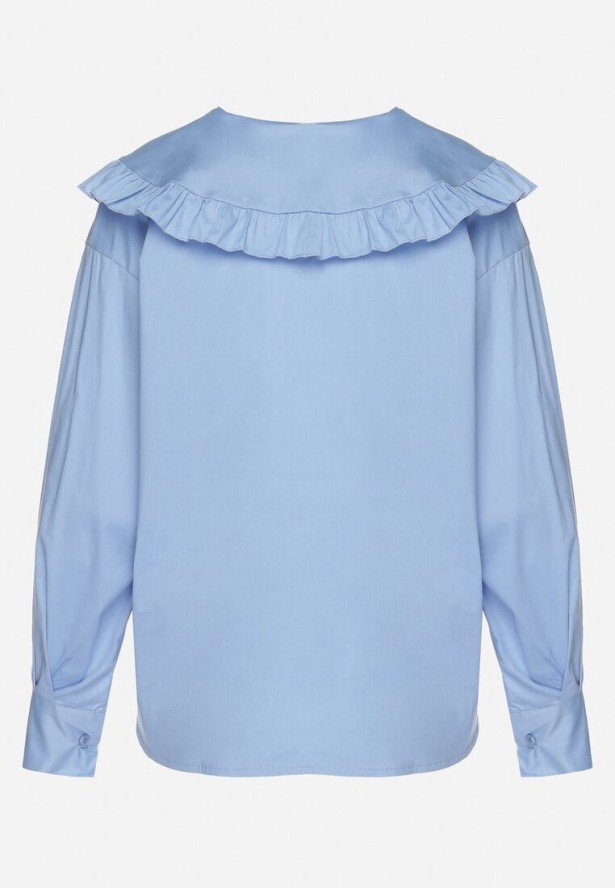 Niebieska Bawełniana Koszula Retro z Ozdobnym Kołnierzykiem i Wiązaniem Ravselina