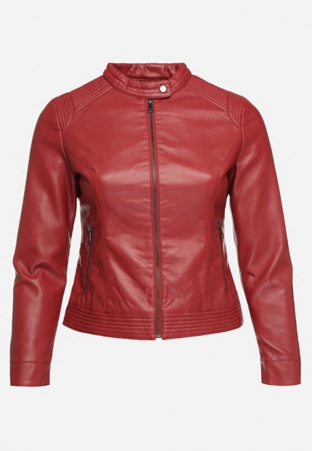 Bordowa Kurtka w Stylu Ramoneski Ozdobiona Paskiem na Nap Ziaira