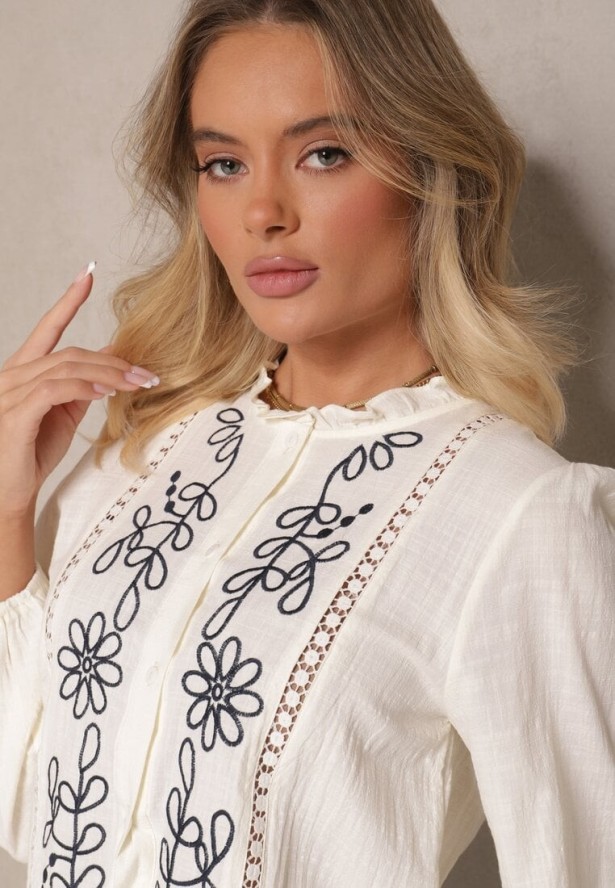 Beżowa Koszula z Wiskozą Bawełną i Haftem Nalorielle
