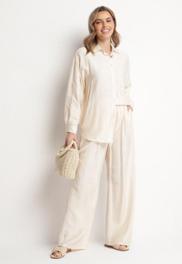 Jasnobeżowy Komplet z Wiskozy Koszula i Spodnie Sesanila