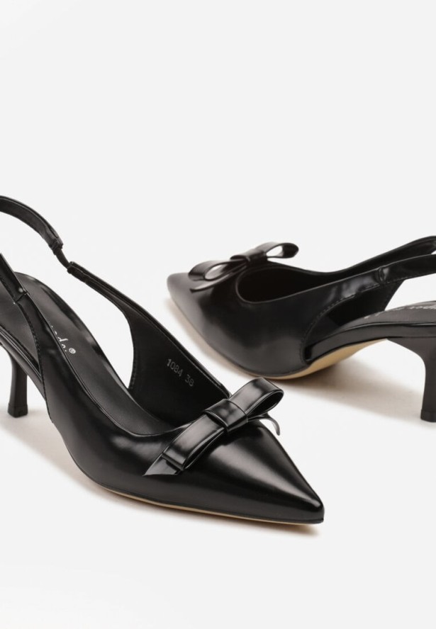 Czarne Sandały Sling-Back na Szpilce Kaczuszce z Ozdobną Kokardką Avienne