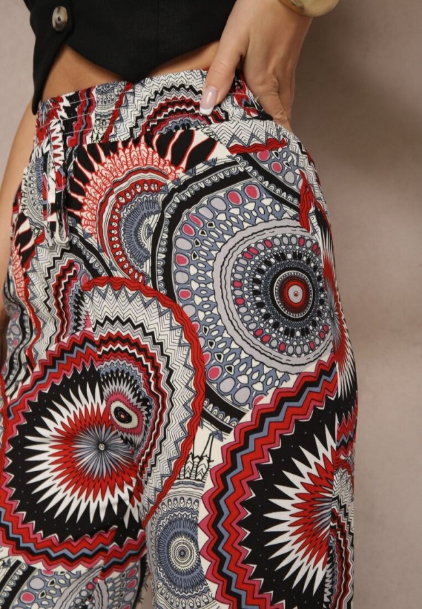 Czerwone Szerokie Spodnie z Bawełny High Waist w Abstrakcyjny Wzór Jorivaess
