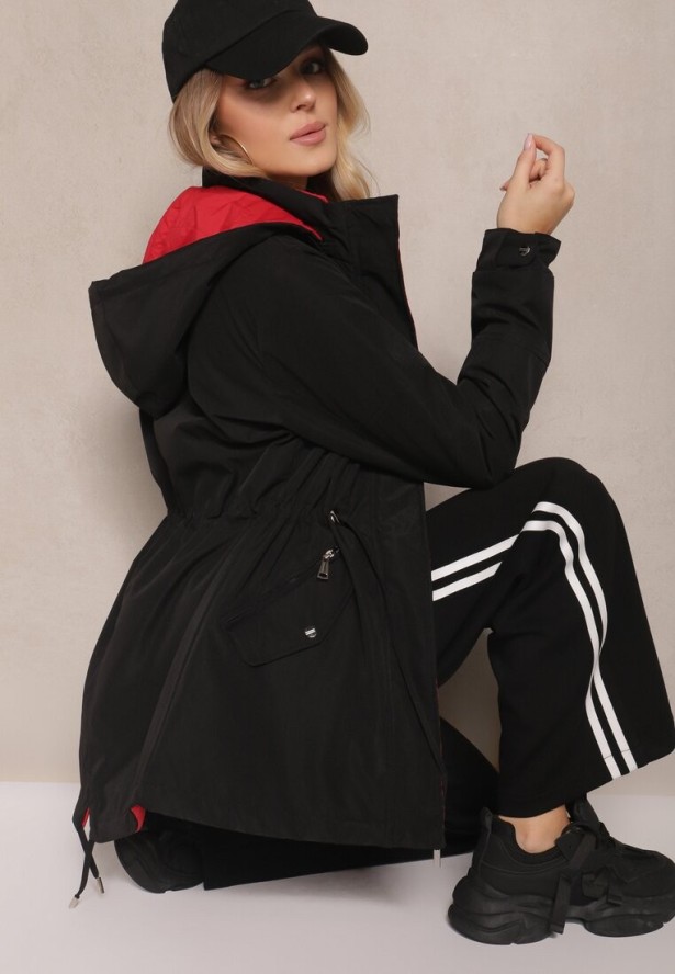 Czarno-Czerwona Kurtka Parka Dwustronna z Regulowanymi Rękawami i Odpinanym Kapturem Deneria