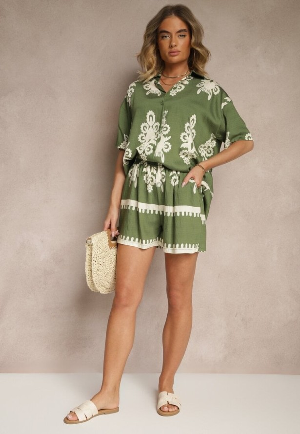 Ciemnozielony Komplet z Rustykalnym Wzorem z Szortami i Koszulą Tosnea