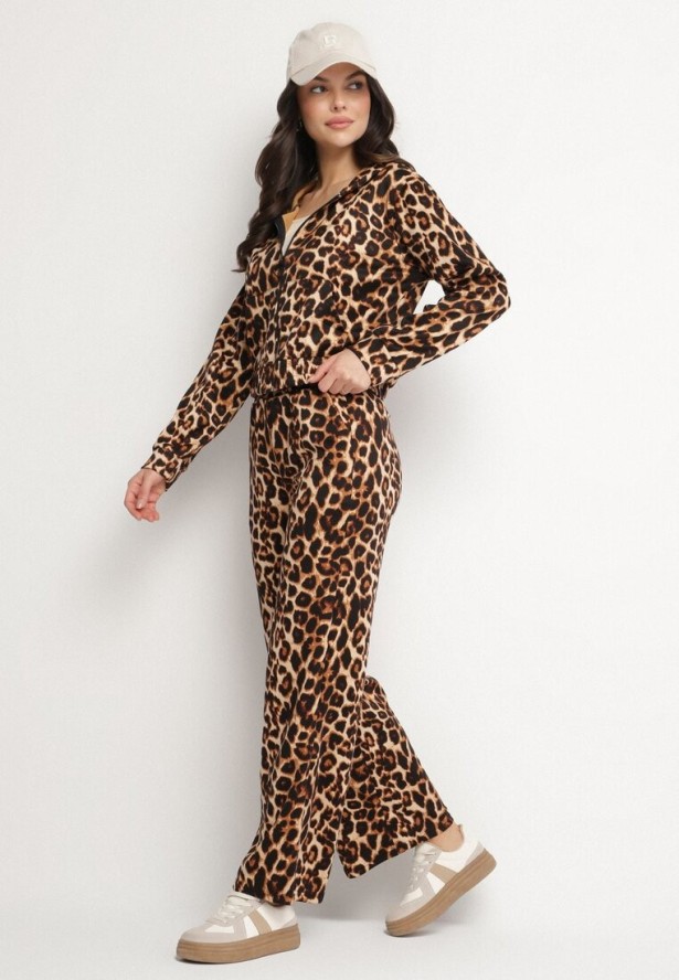 Brązowy Komplet Dresowy w Panterkę Bluza z Kapturem i Szerokie Spodnie Virhiris