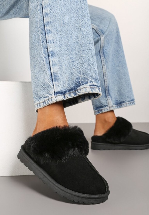 Czarne Wsuwane Kapcie z Imitacji Zamszu z Futrem Boreti