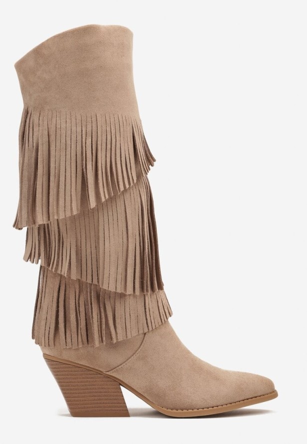 Ciemnobeżowe Kozaki Typu Kowbojki na Stożkowym Obcasie z Frędzlami Acirrive