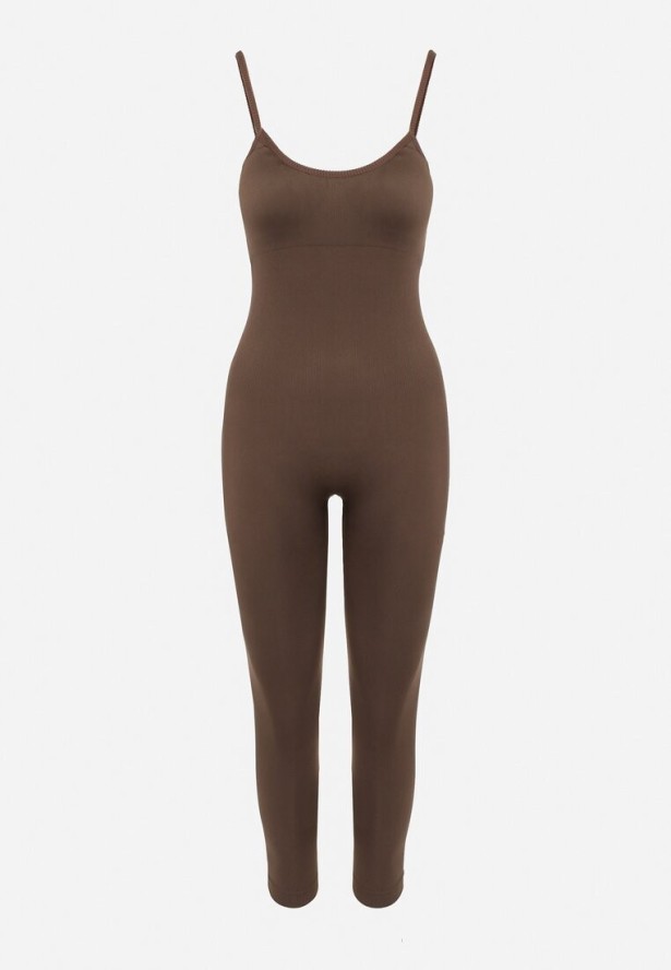 Brązowy Kombinezon Bodycon z Cienkimi Ramiączkami Nevithas